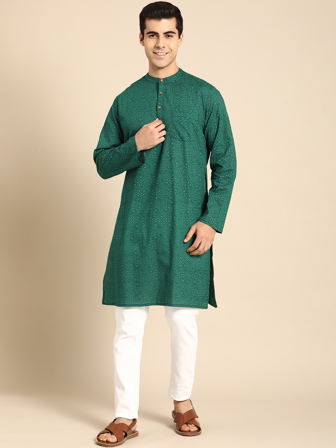 

Anouk Men Green Bandhani Printed Mandarin-Collar Pure Cotton Straight Kurta