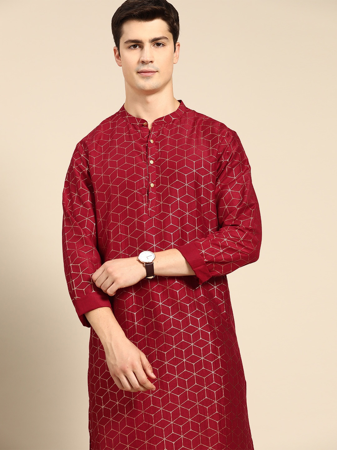 

Anouk Men Maroon & Golden Geometric Printed Kurta