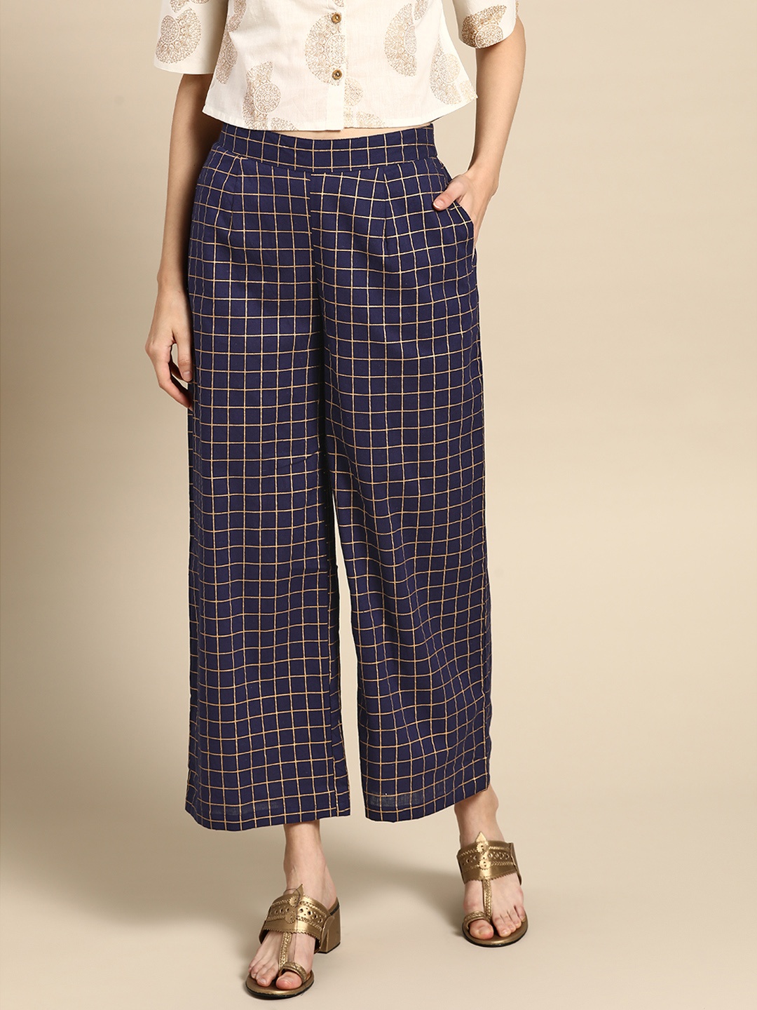 

Anouk Women Navy Blue & Gold-Toned Pure Cotton Checked Cropped Ethnic Palazzos