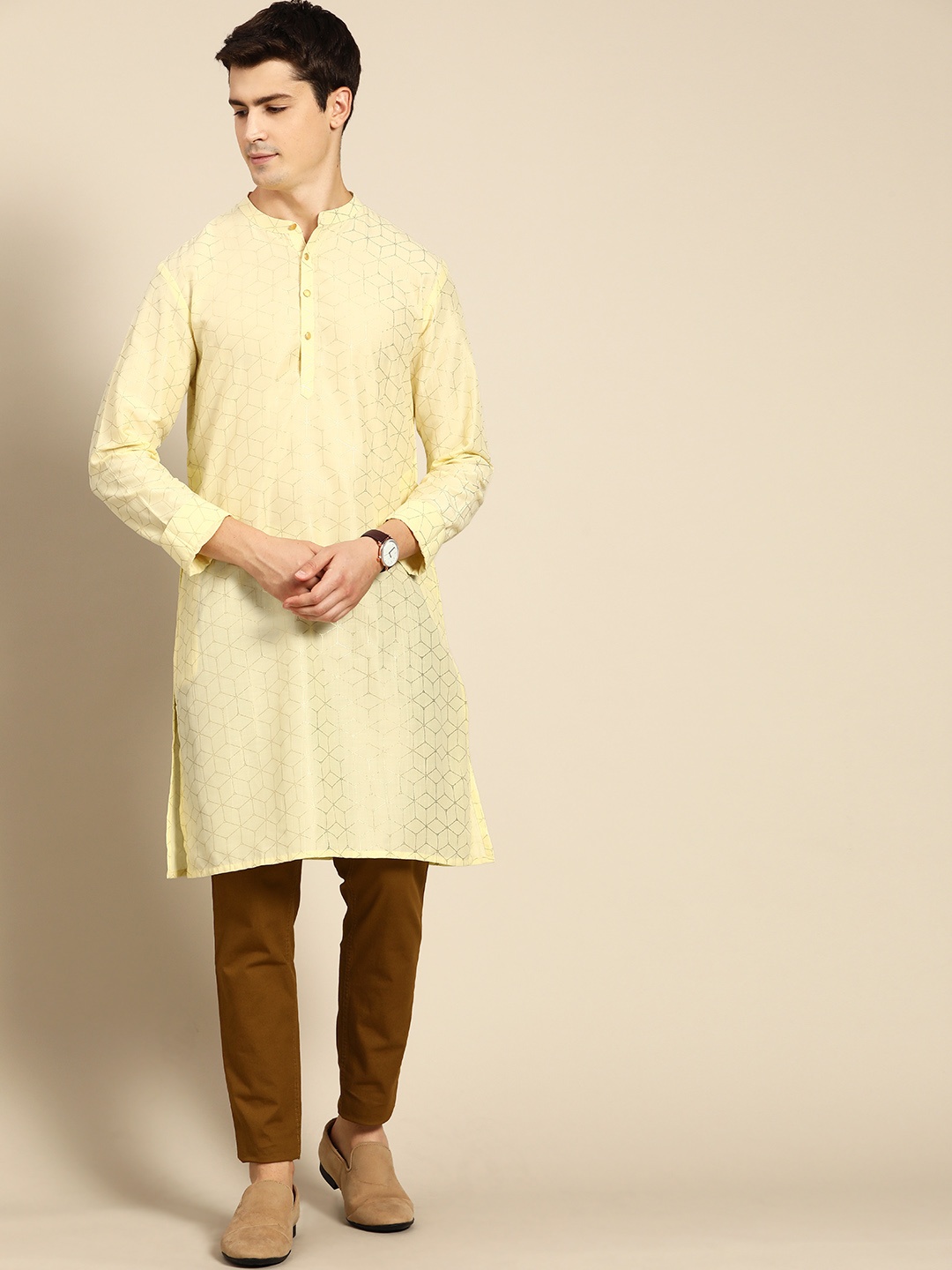 

Anouk Men Yellow & Golden Geometric Printed Kurta