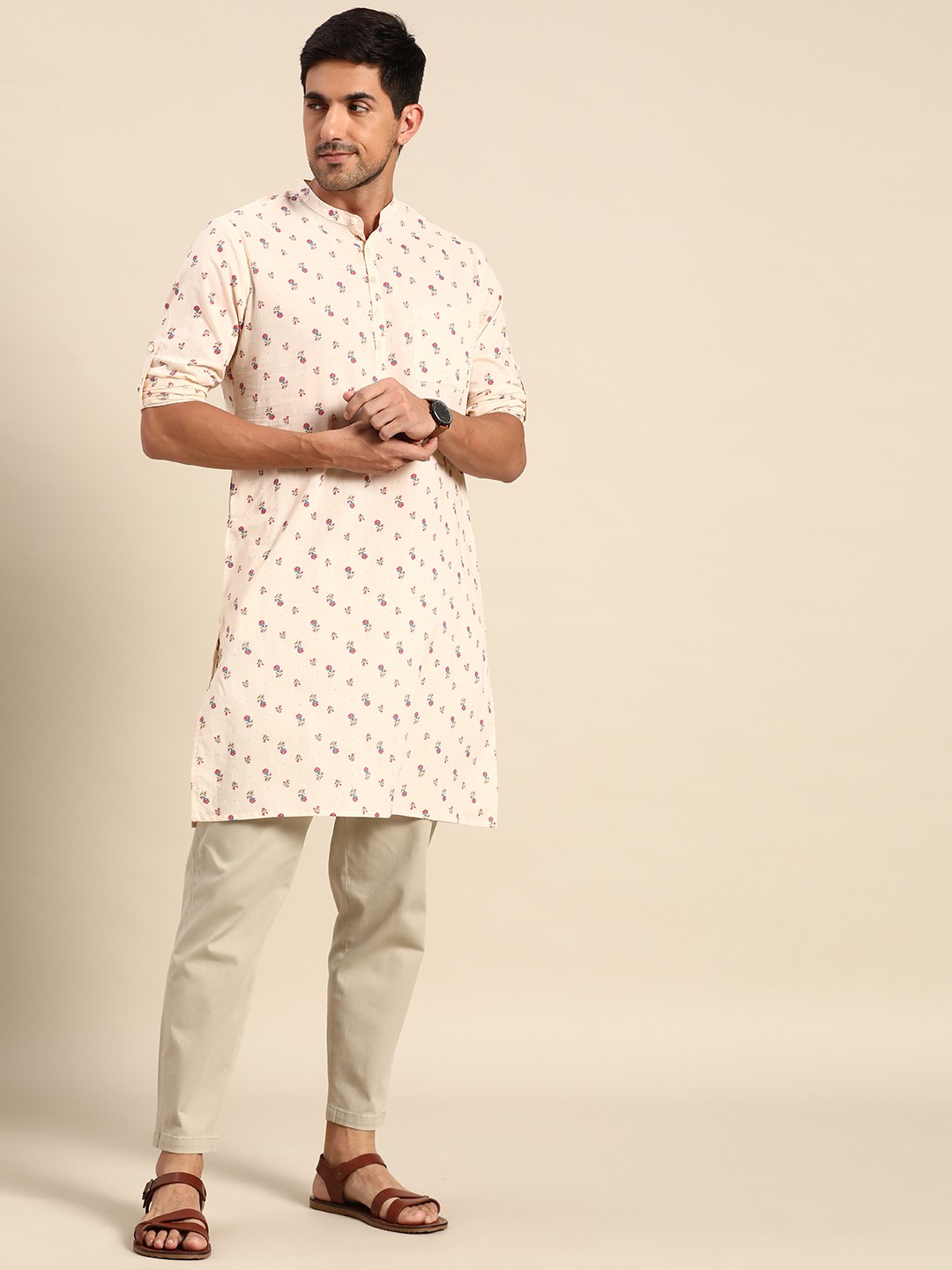 

Anouk Men Beige & Pink Floral Printed Kurta