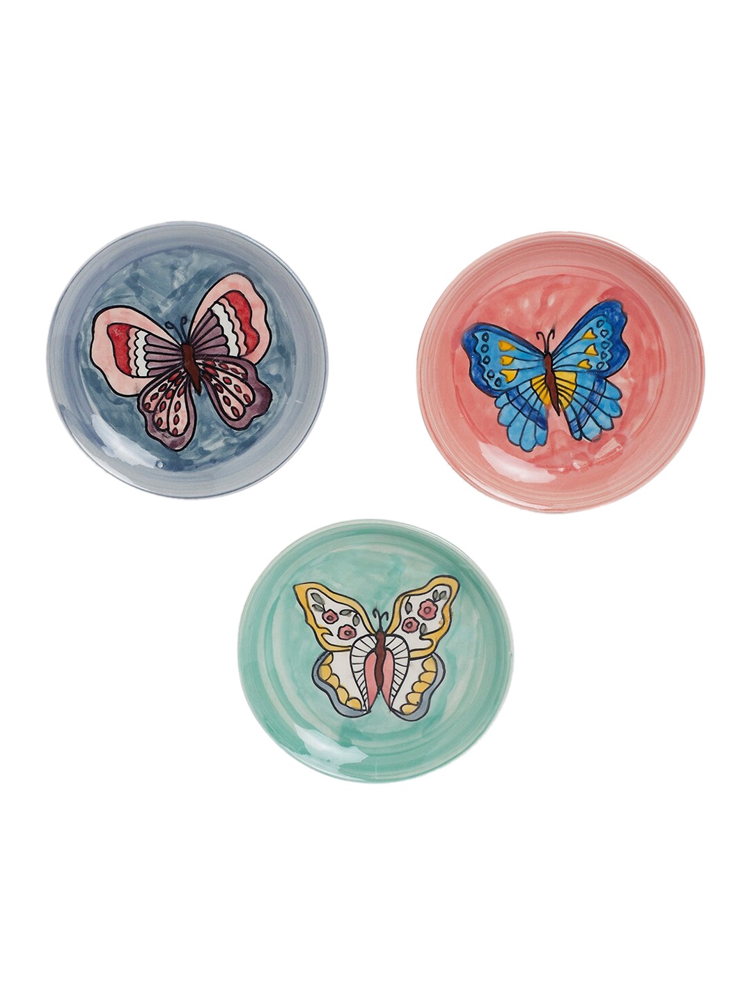 

The Wishing Chair Multi Colour Set Of 3 Butterfly Handpainted Wall Plates Wall Decor, Green