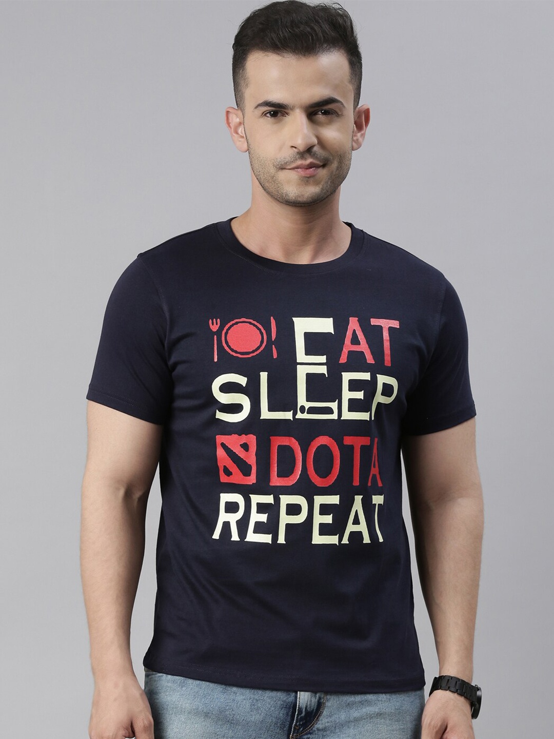 

Bushirt Men Navy Blue Typography Printed Applique T-shirt
