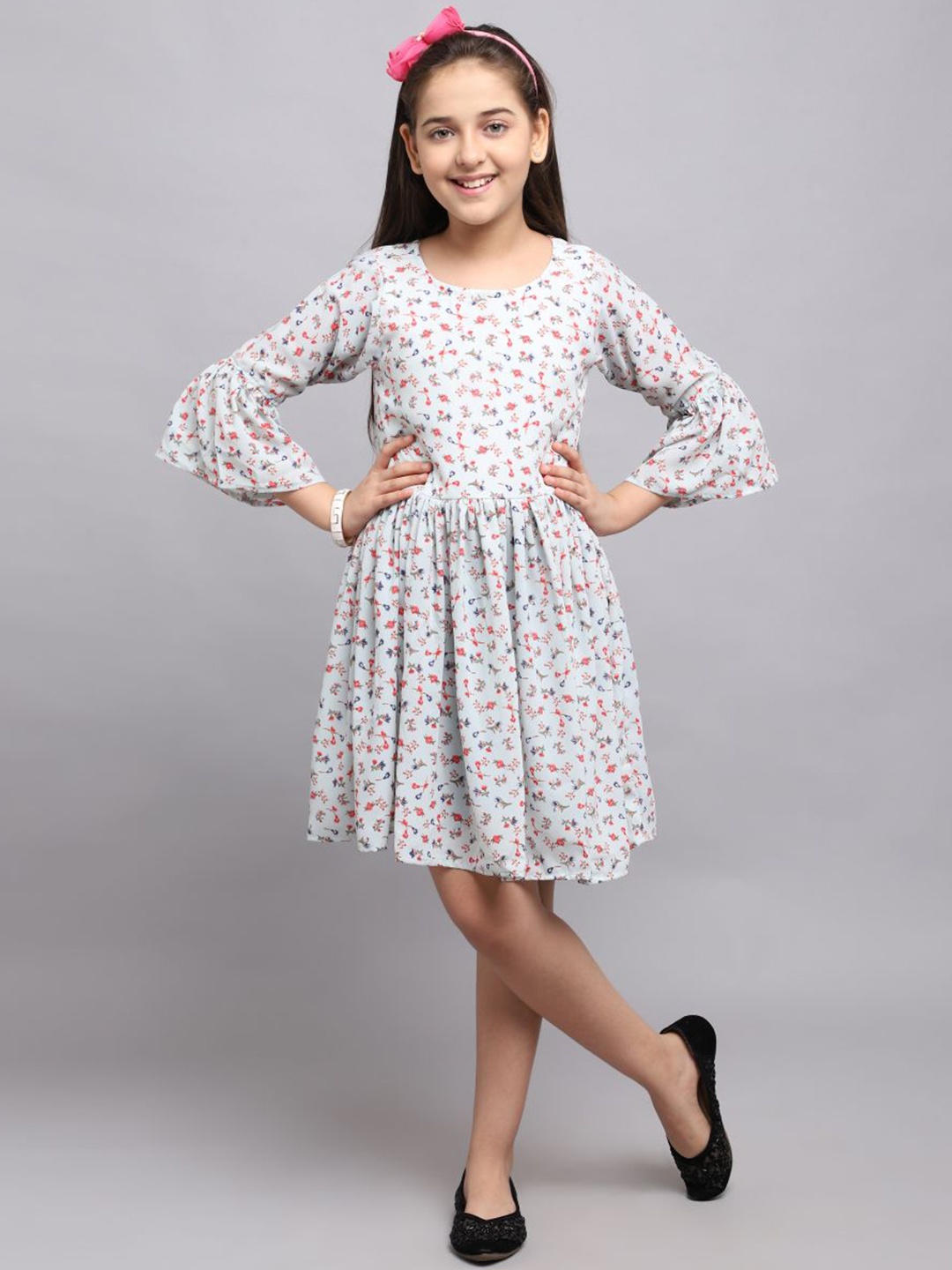 

White World Turquoise Blue Floral Applique Georgette Dress