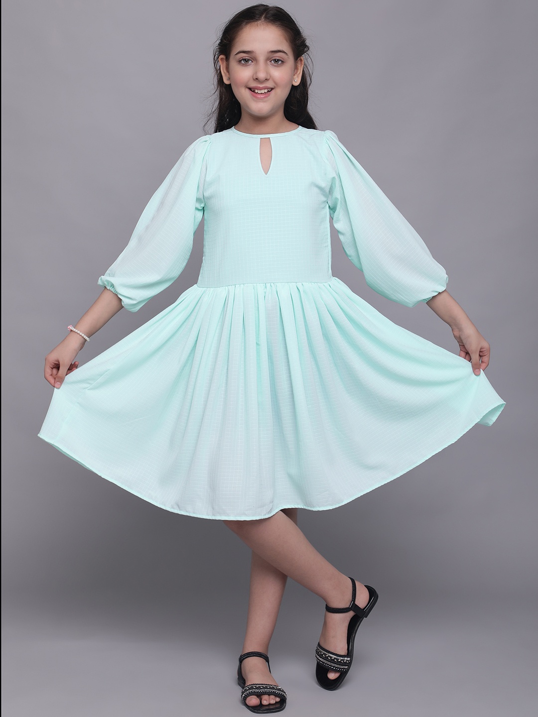 

White World Turquoise Blue Keyhole Neck Applique Georgette Dress