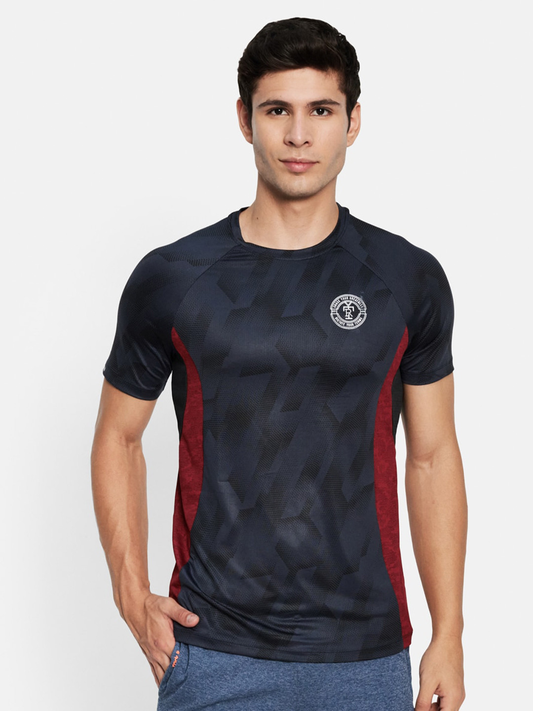 

rock it Men Navy Blue Printed Slim Fit Training or Gym T-shirt