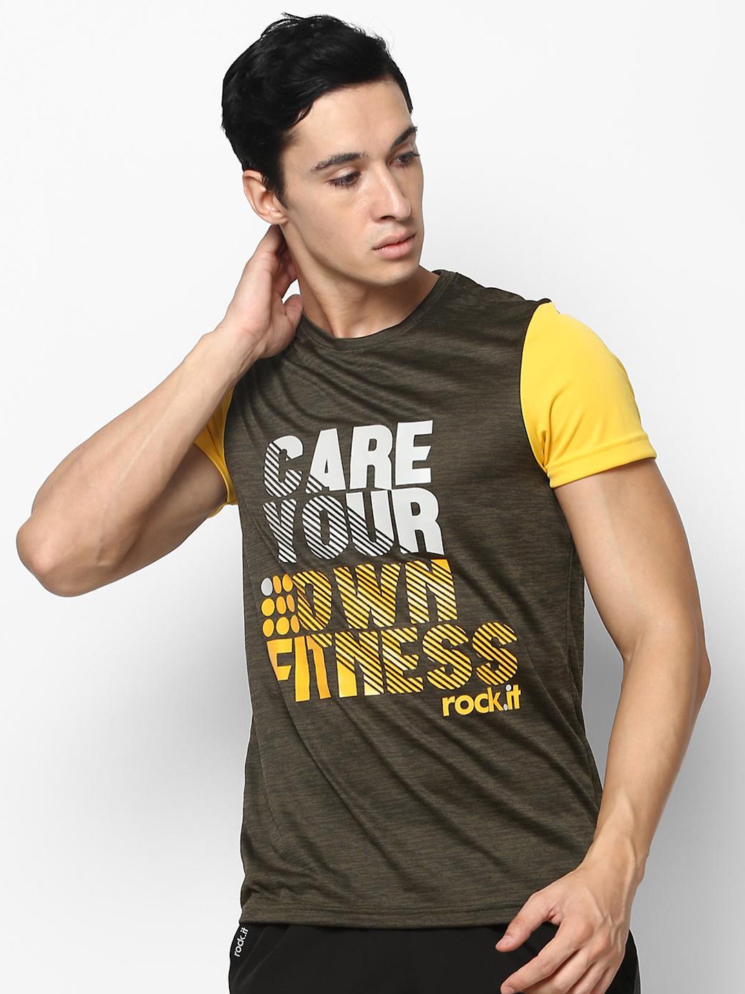 rock it Men Olive Green Typography Printed Slim Fit Training or Gym T-shirt