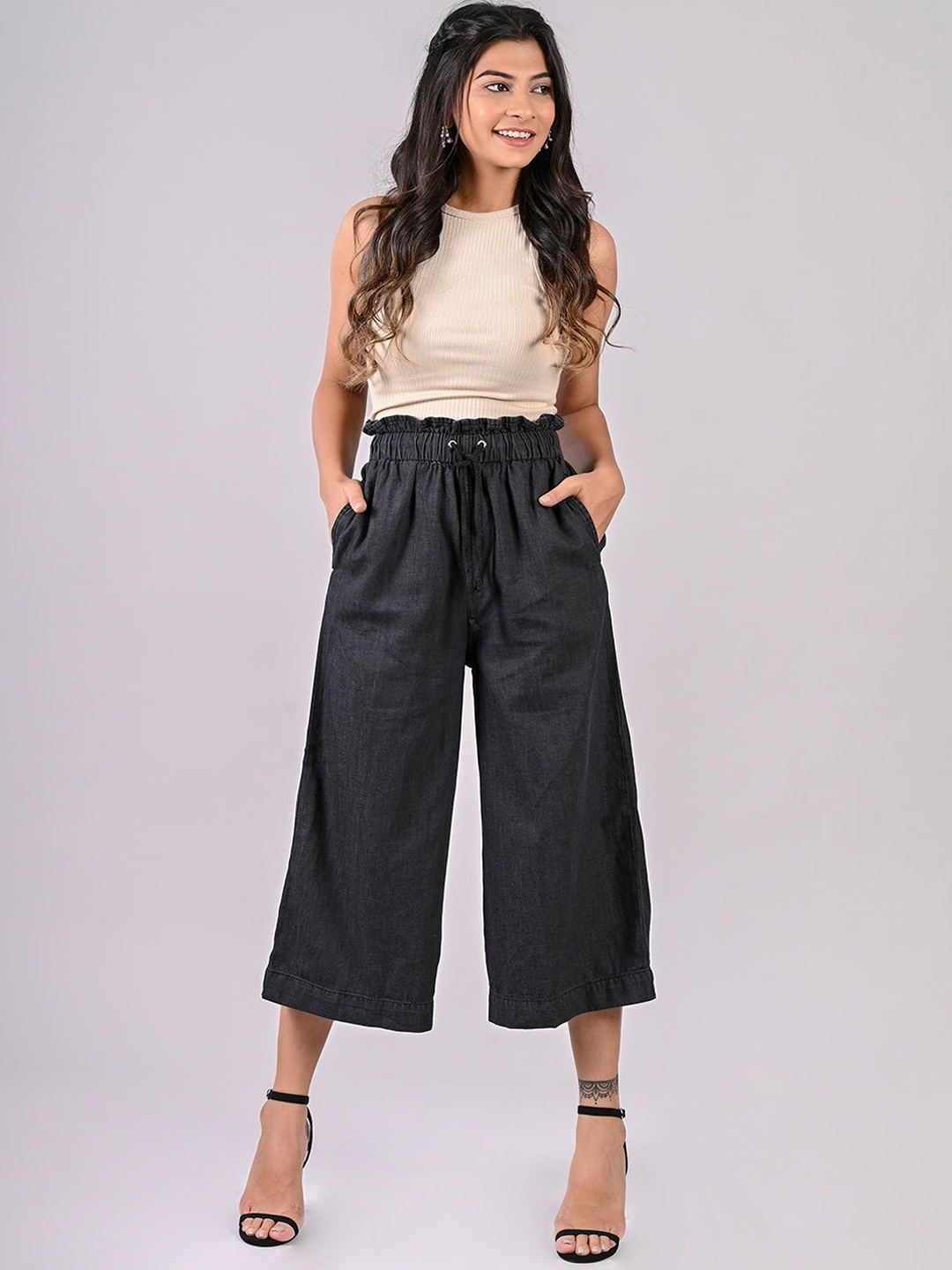

FREAKINS Women Chic Grey High-Rise Flared Fit Cropped Jeans