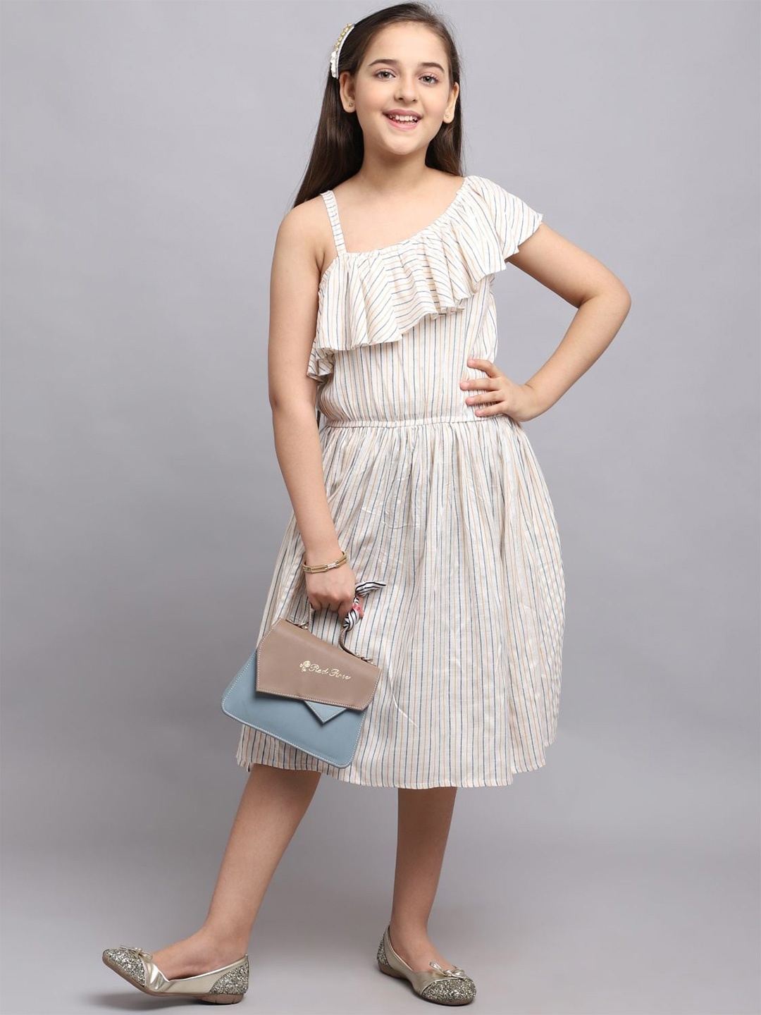 

White World Off White Striped Applique Ethnic Midi Dress