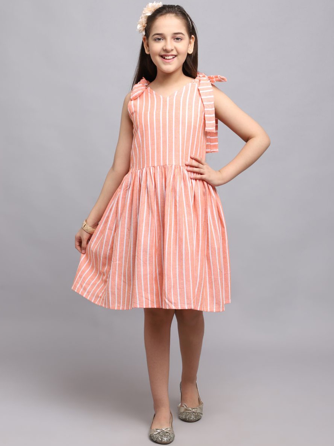 

White World Orange Striped Applique Ethnic Dress