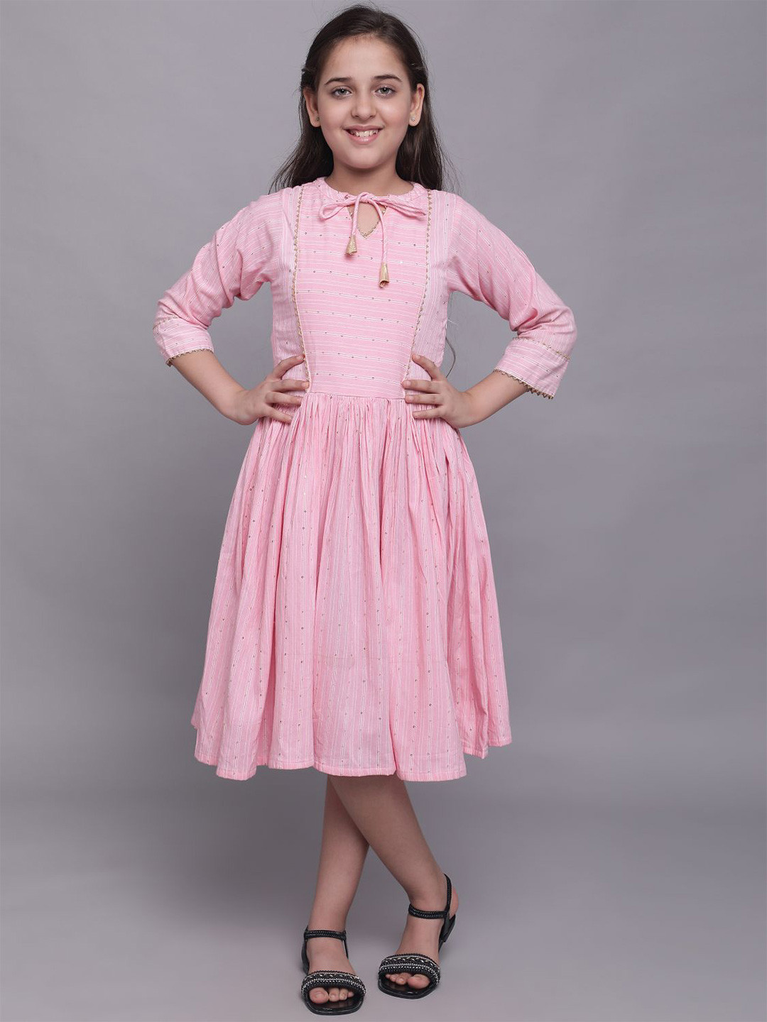 

White World Pink Floral Keyhole Neck Applique Ethnic Midi Dress