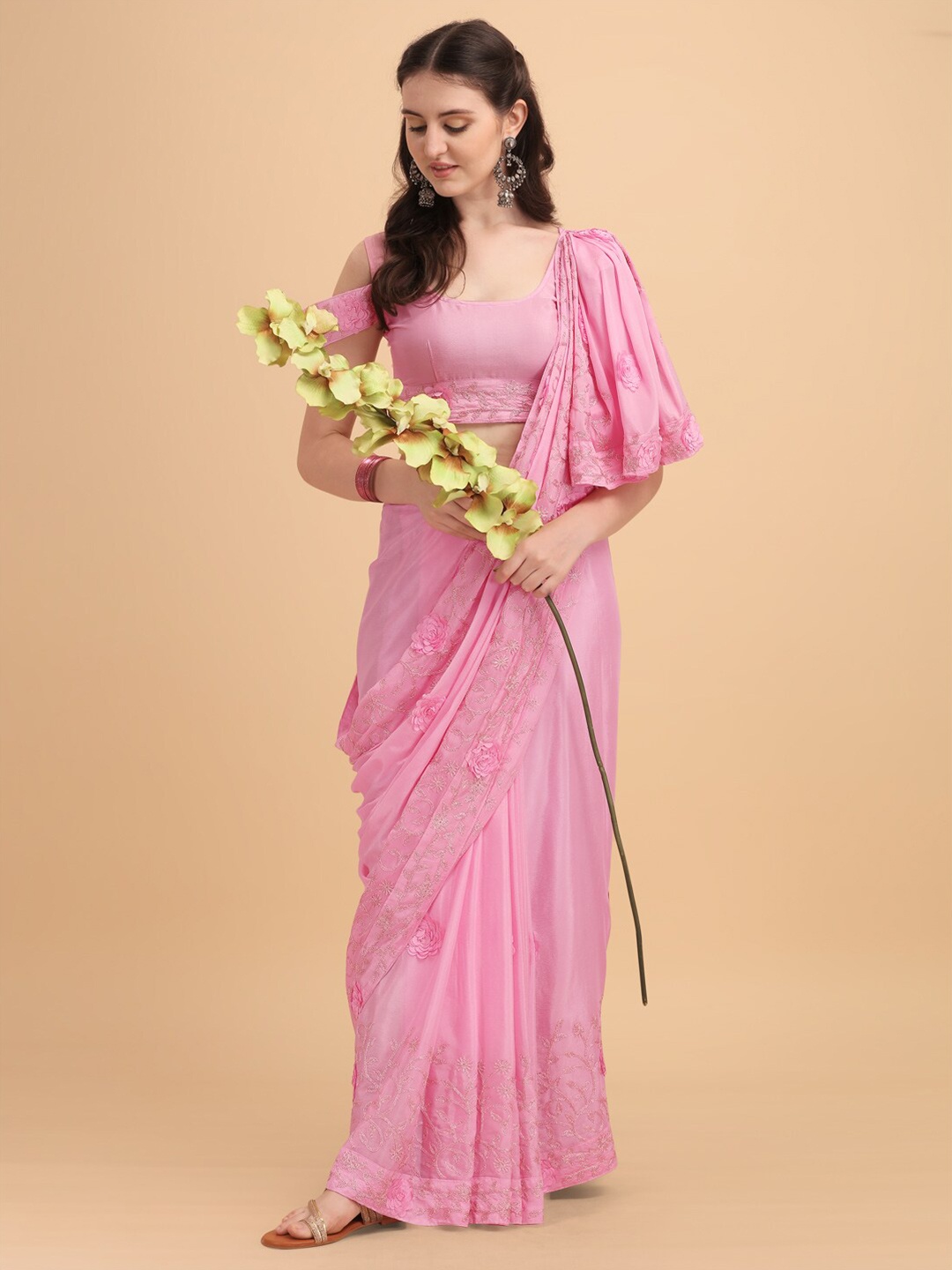 

Sangria Pink Chiffon Floral Embroidered Saree
