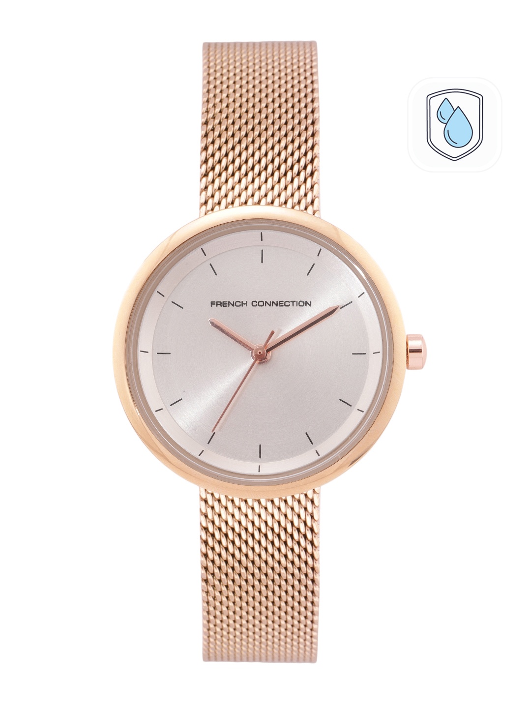 

French Connection Women Silver-Toned Dial & Rose Gold Toned Stainless Steel Bracelet Style Straps Digital Watch