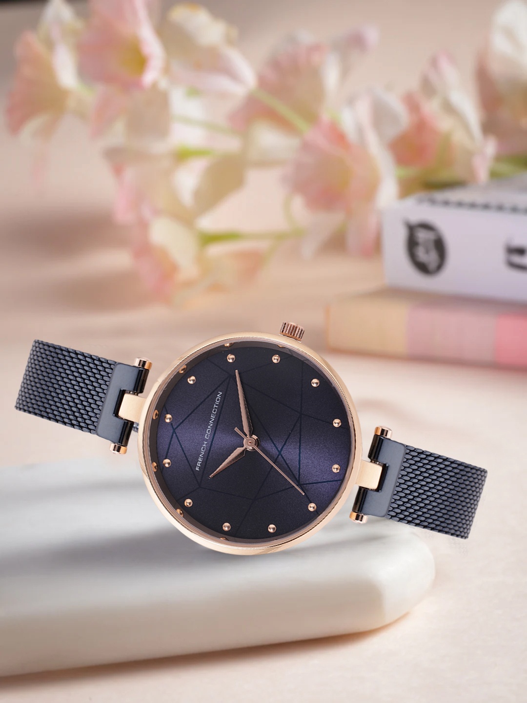 

French Connection Women Blue Patterned Dial Stainless Steel Bracelet Style Analogue Watch, Navy blue