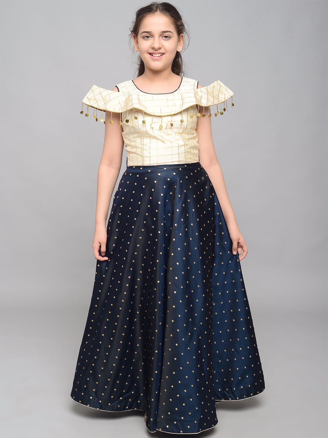 

White World Navy Blue Ethnic Motifs Satin Ethnic Maxi Dress