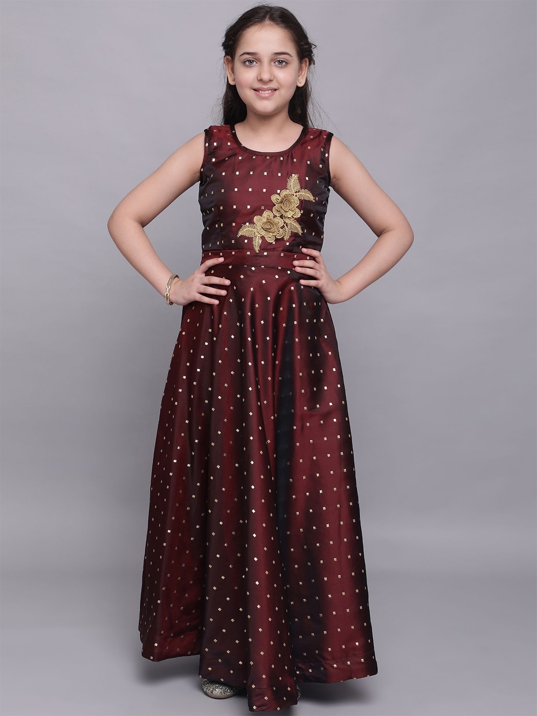 

White World Maroon Satin Ethnic Maxi Dress