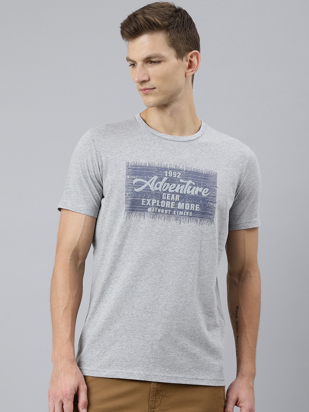 Woodland Men Grey Typography Printed T-shirt