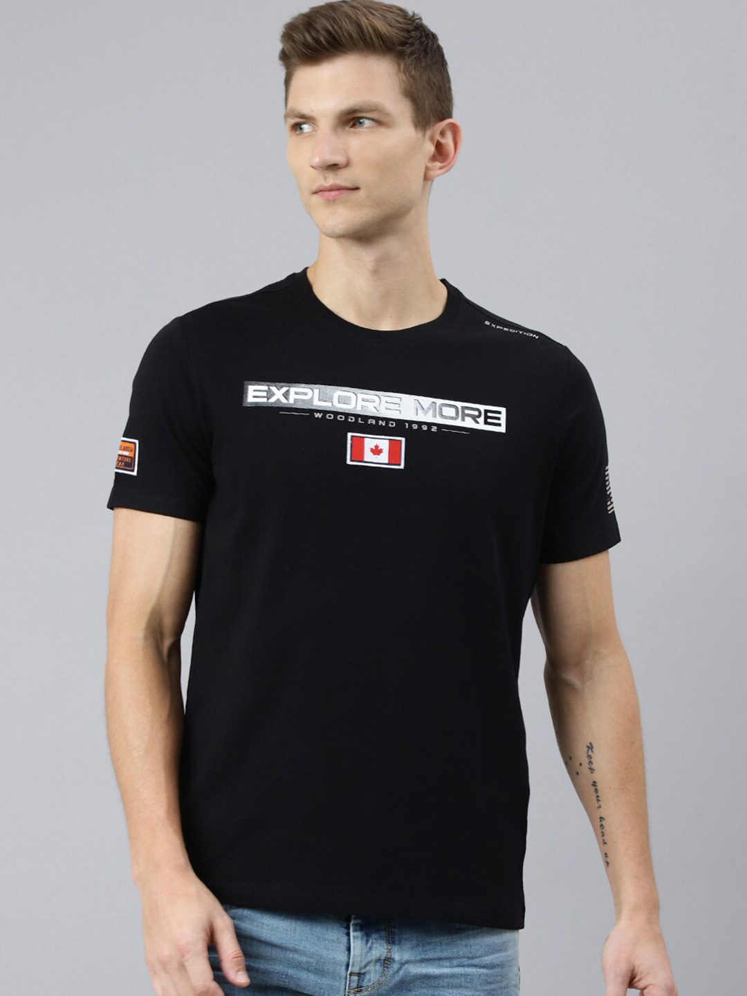 

Woodland Men Black Typography Applique T-shirt