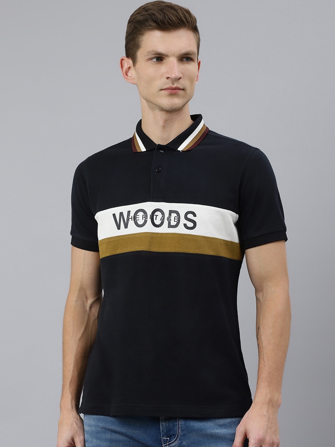 

Woodland Men Black Colourblocked Polo Collar Applique T-shirt