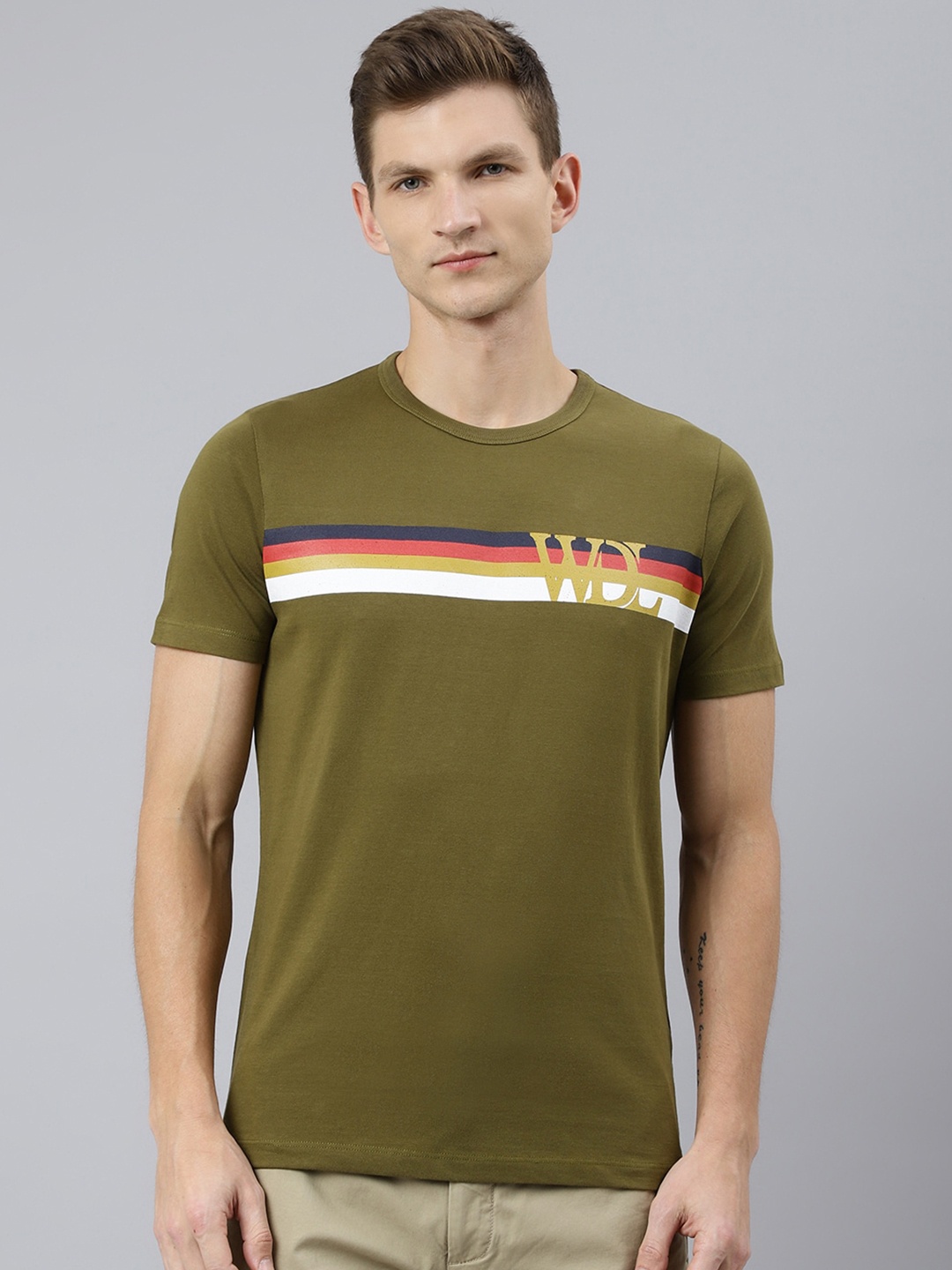 

Woodland Men Olive Green Typography Striped T-shirt