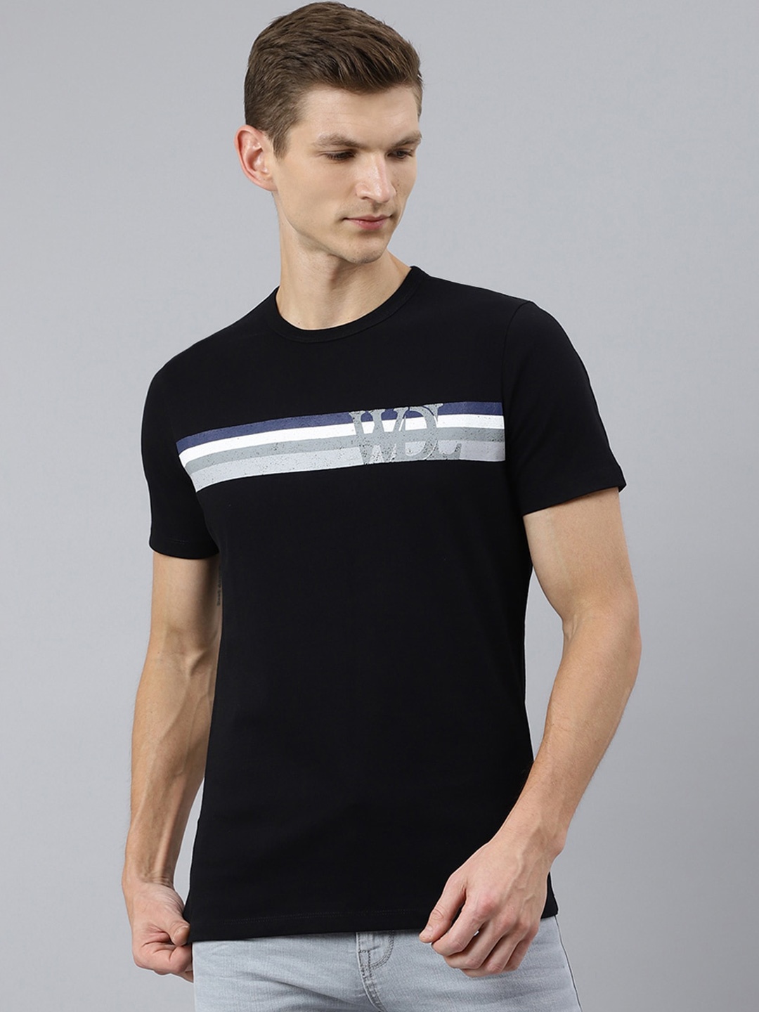 

Woodland Men Black Typography Colourblocked T-shirt