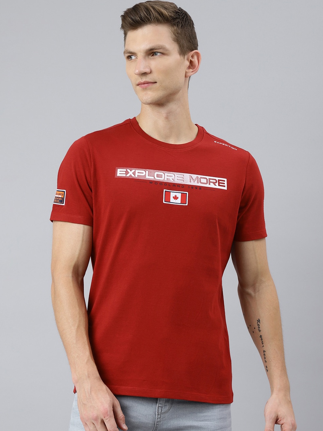 

Woodland Men Red Typography Printed Applique T-shirt