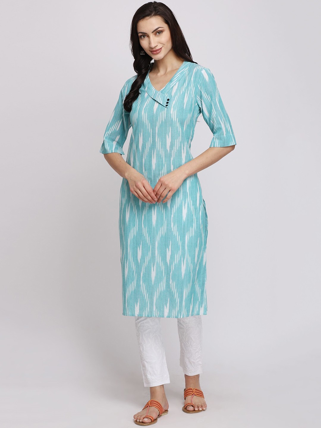 

PARAMOUNT CHIKAN Ikat Print Cotton Straight Kurta, Green