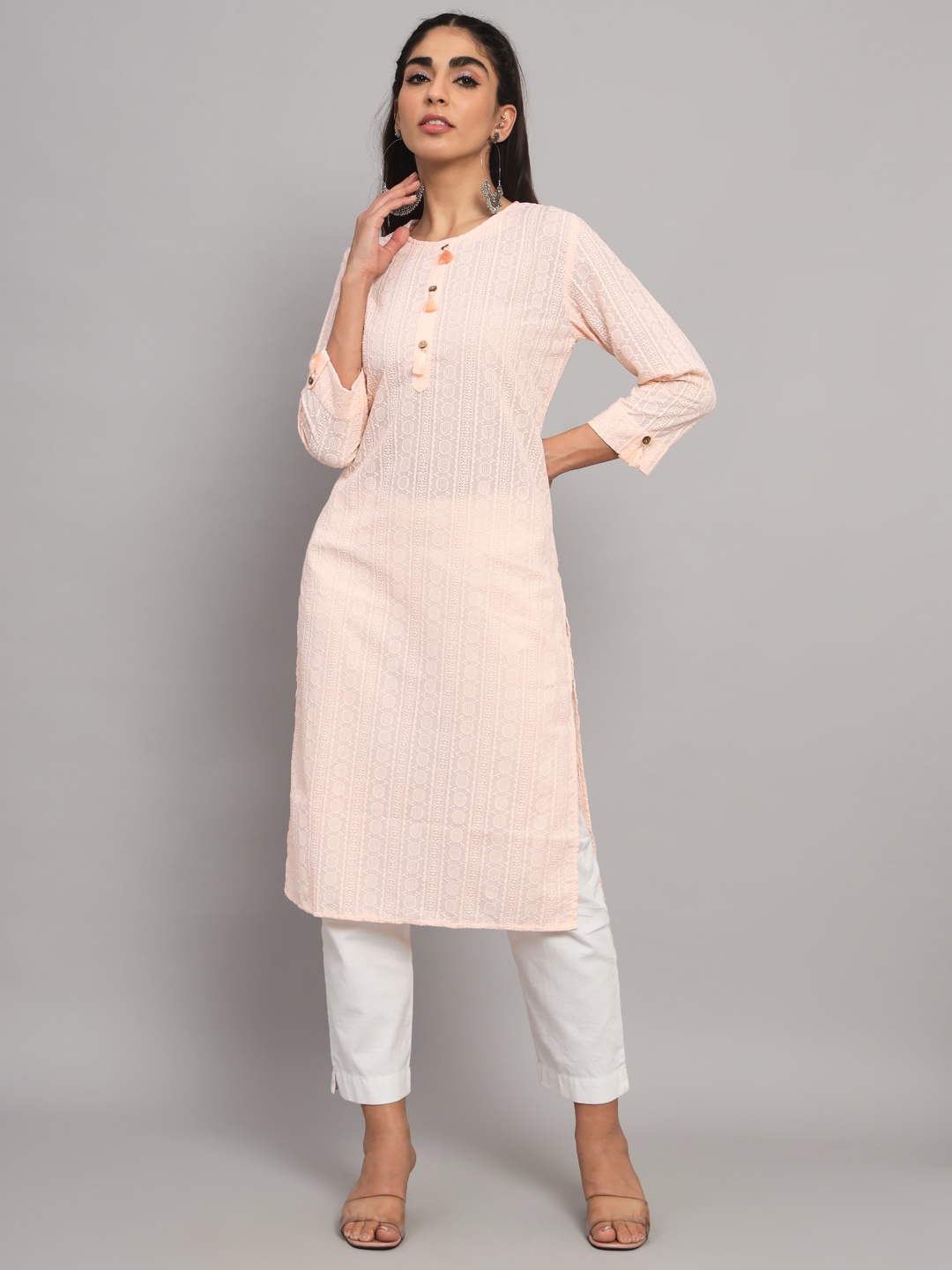 

PARAMOUNT CHIKAN Women Peach-Coloured Embroidered Chikankari Cotton Straight Kurta