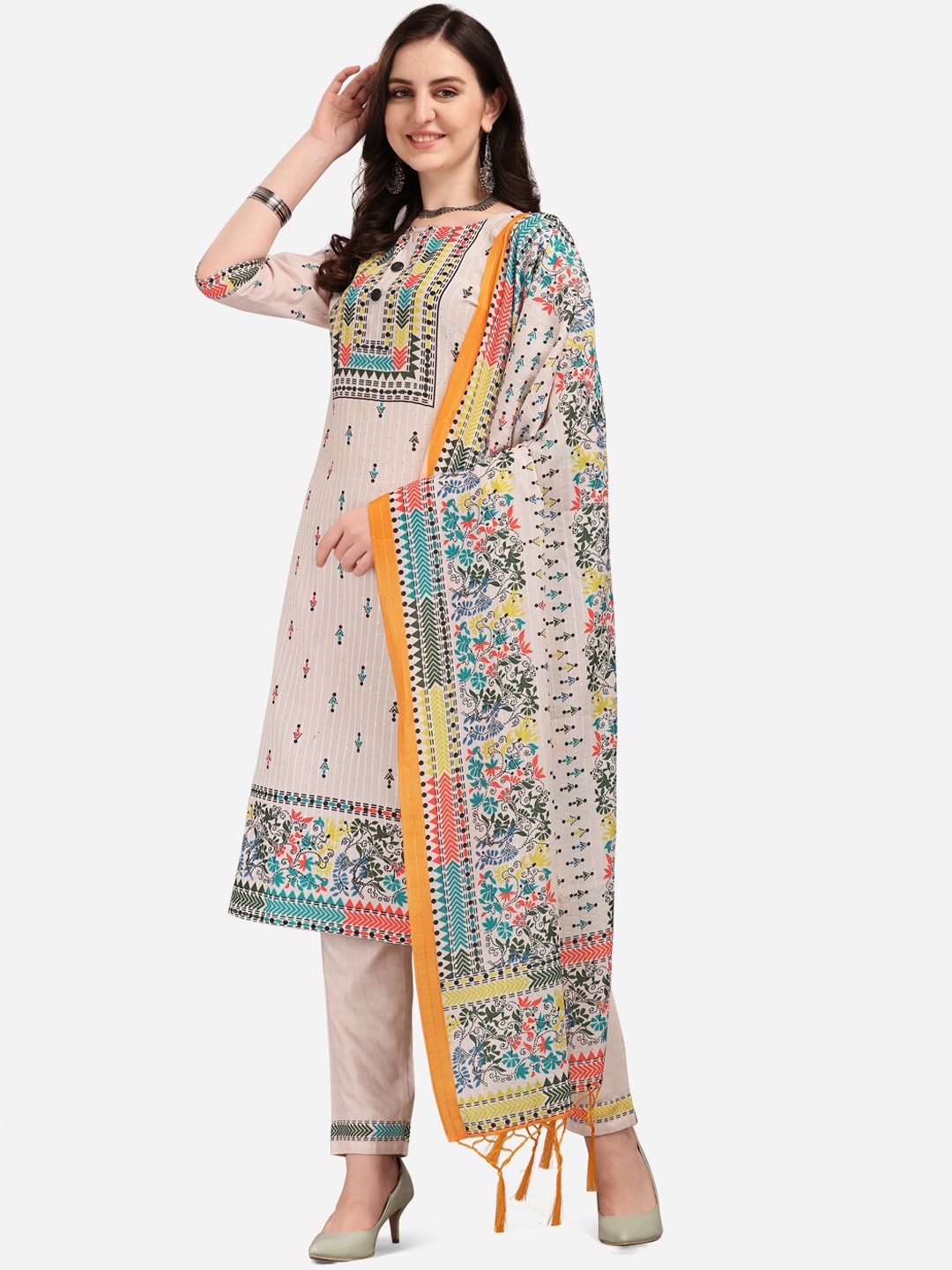 

KALINI Women Off White Digital Floral Print Sequined Work Kurta Trousers With Dupatta Set