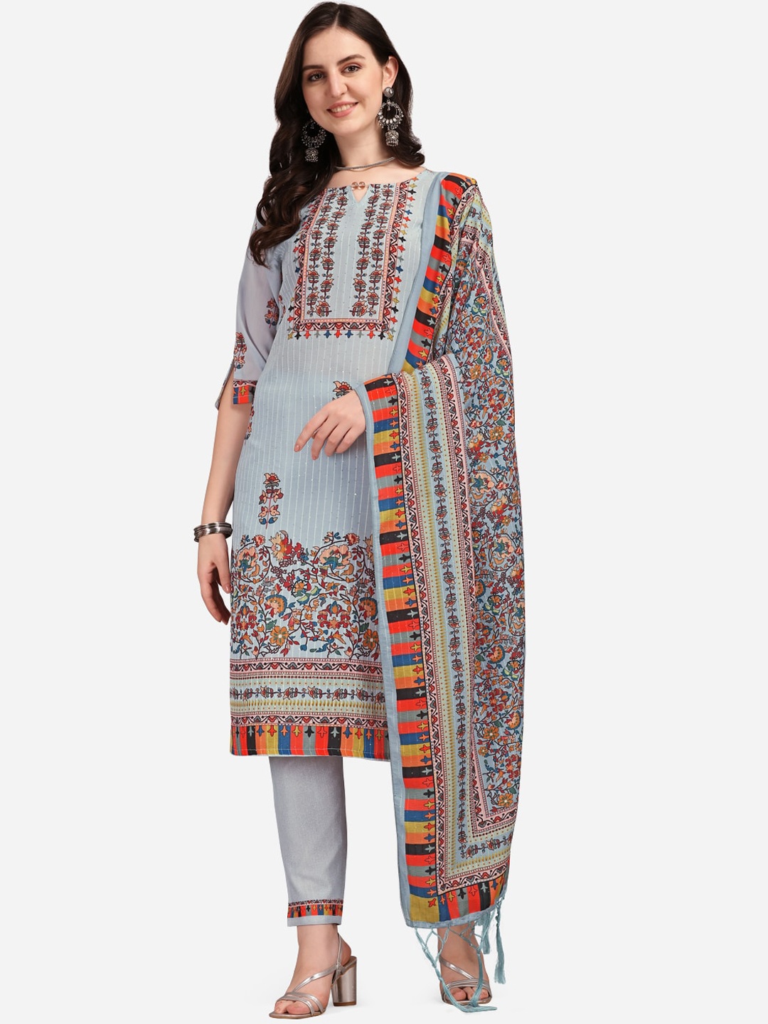 

KALINI Women Sky Blue Digital Print Sequined Work Kurta Trousers With Dupatta Set