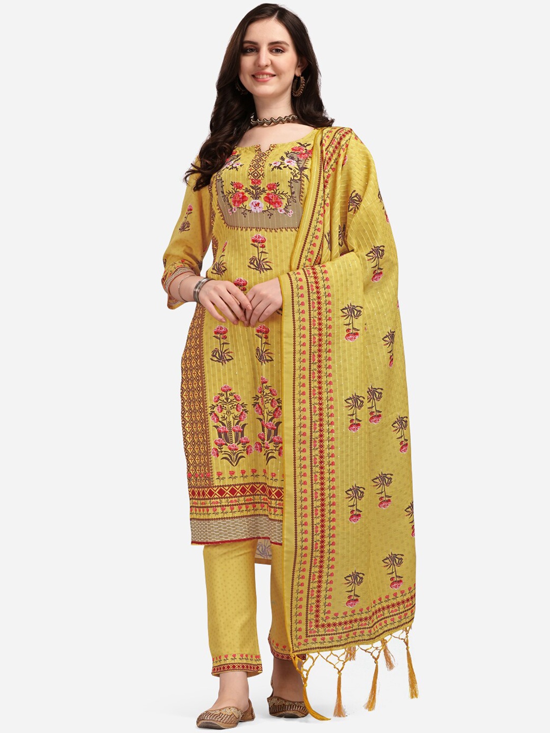 

KALINI Women Mustard Digital Print Sequined Work Kurta Trousers With Dupatta Set