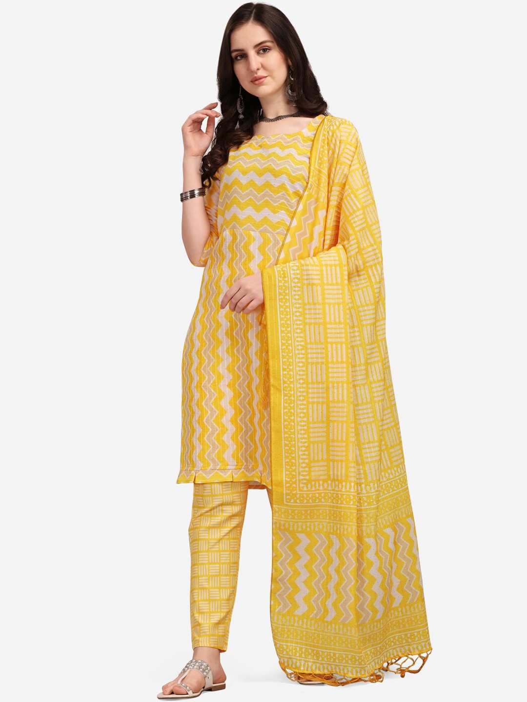 

KALINI Women Yellow Printed Sequined Work Kurta Trousers With Dupatta Set