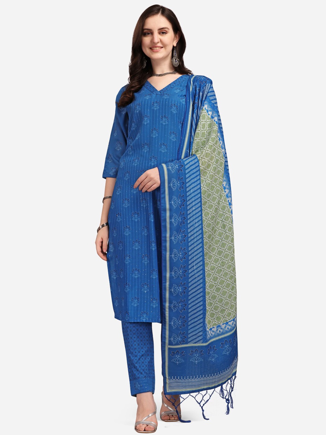 

KALINI Women Blue Digital Print Sequined Work Kurta Trousers With Dupatta Set