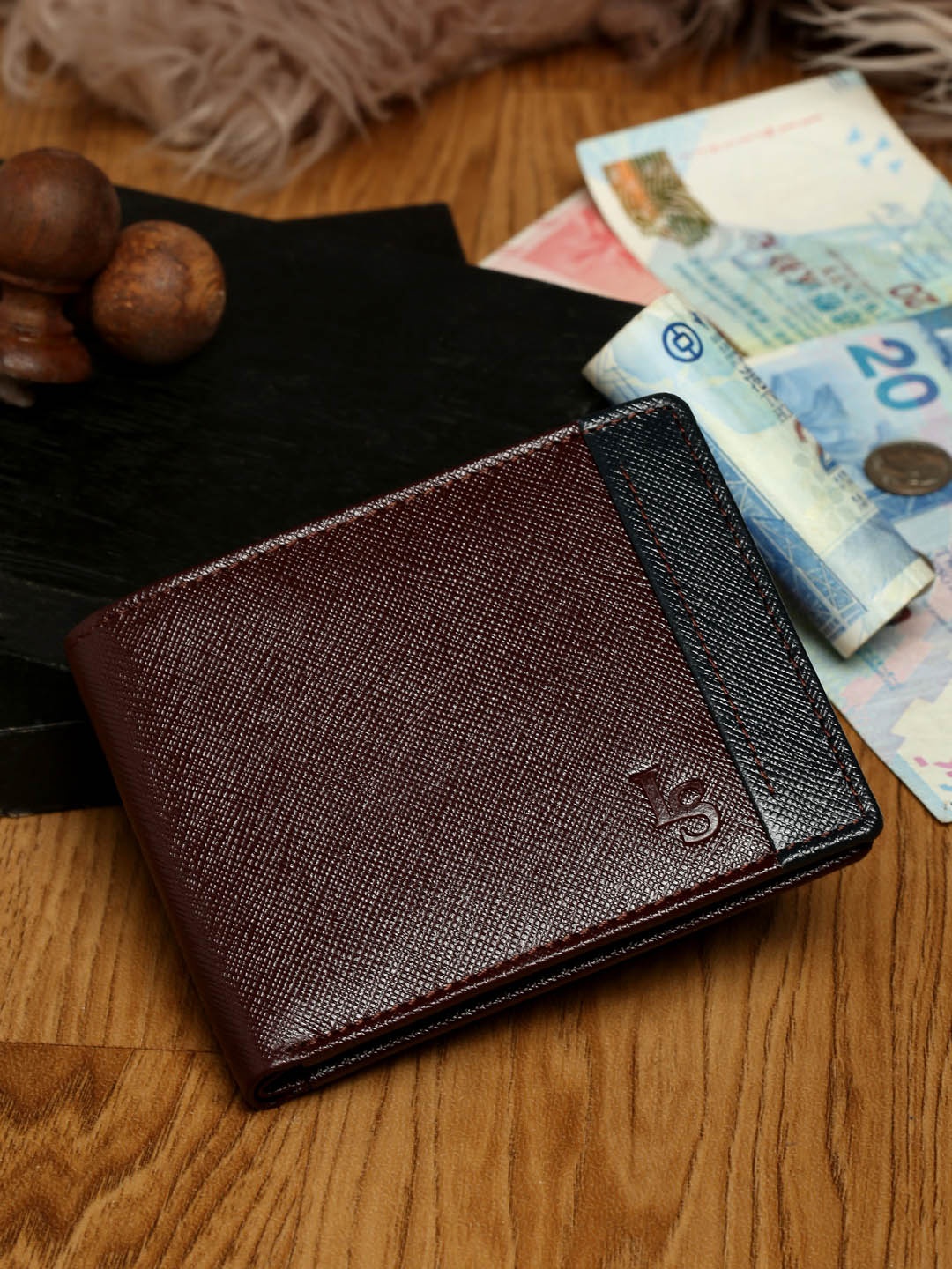 

Louis Stitch Maroon Saffiano Leather Two Fold Slim Wallet Purse for Men