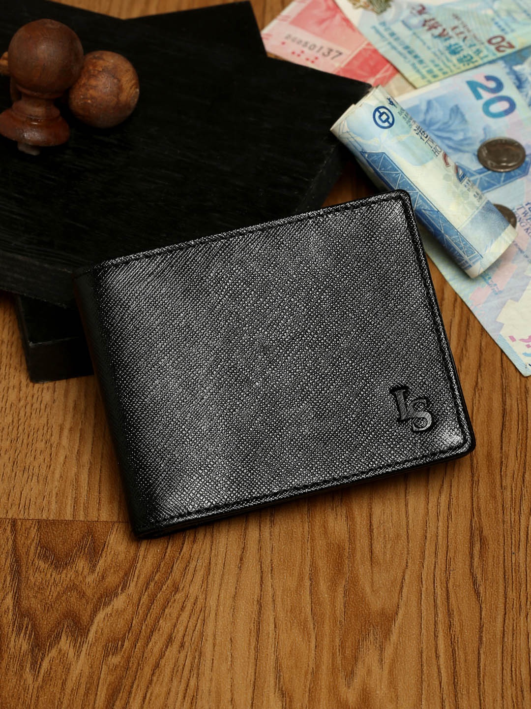 

LOUIS STITCH Men Saffiano Leather Black Bifold Slim Wallet with RFID Protection