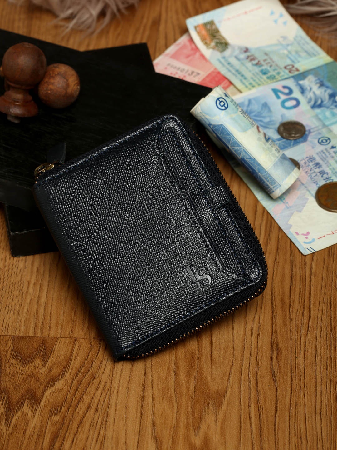 

Louis Stitch Blue Saffiano Leather Two Fold Men's Zipper Wallet Purse, Black