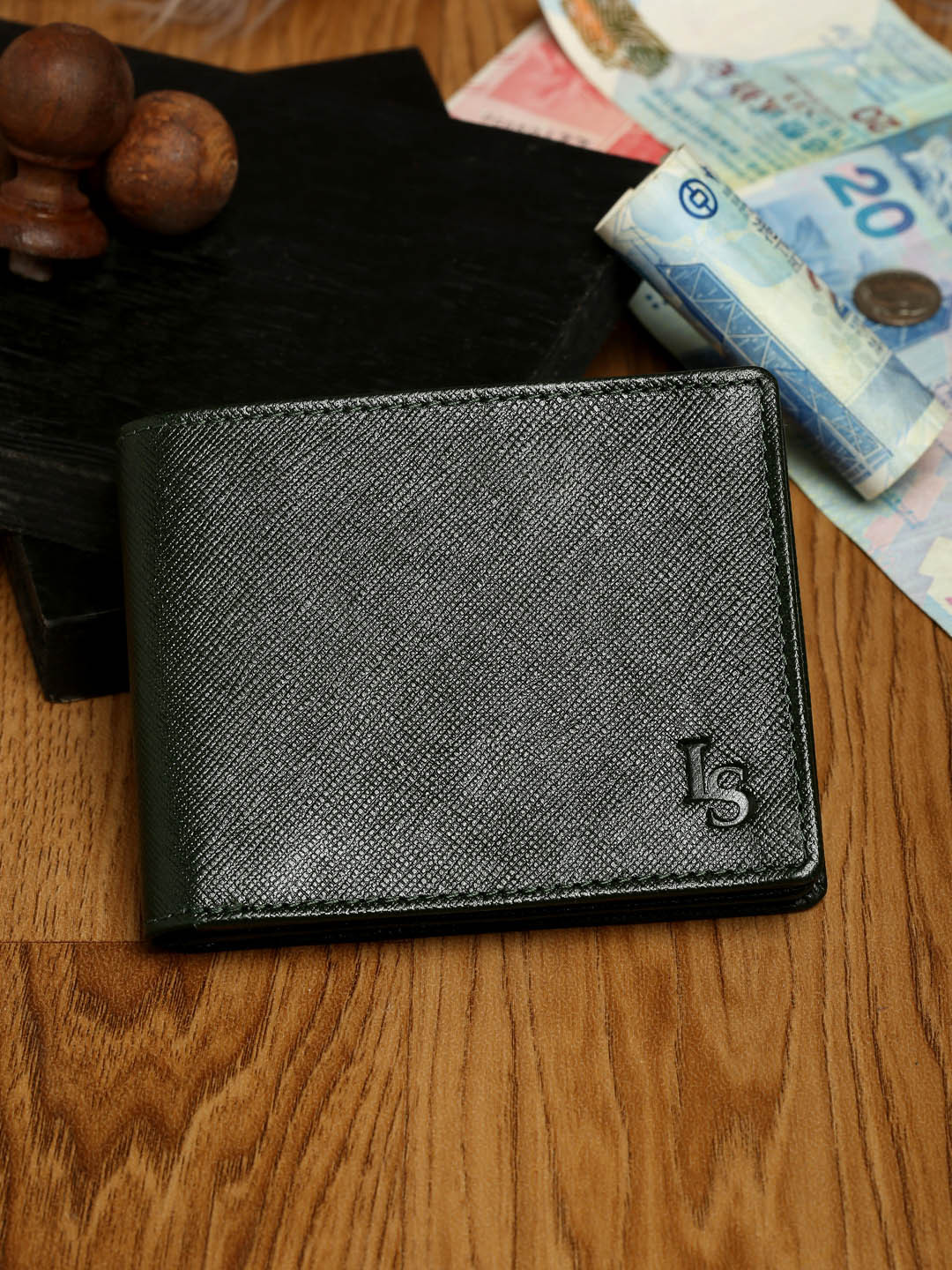 

LOUIS STITCH Saffiano Leather Men's Green Bi-fold Slim Wallet with RFID Protection
