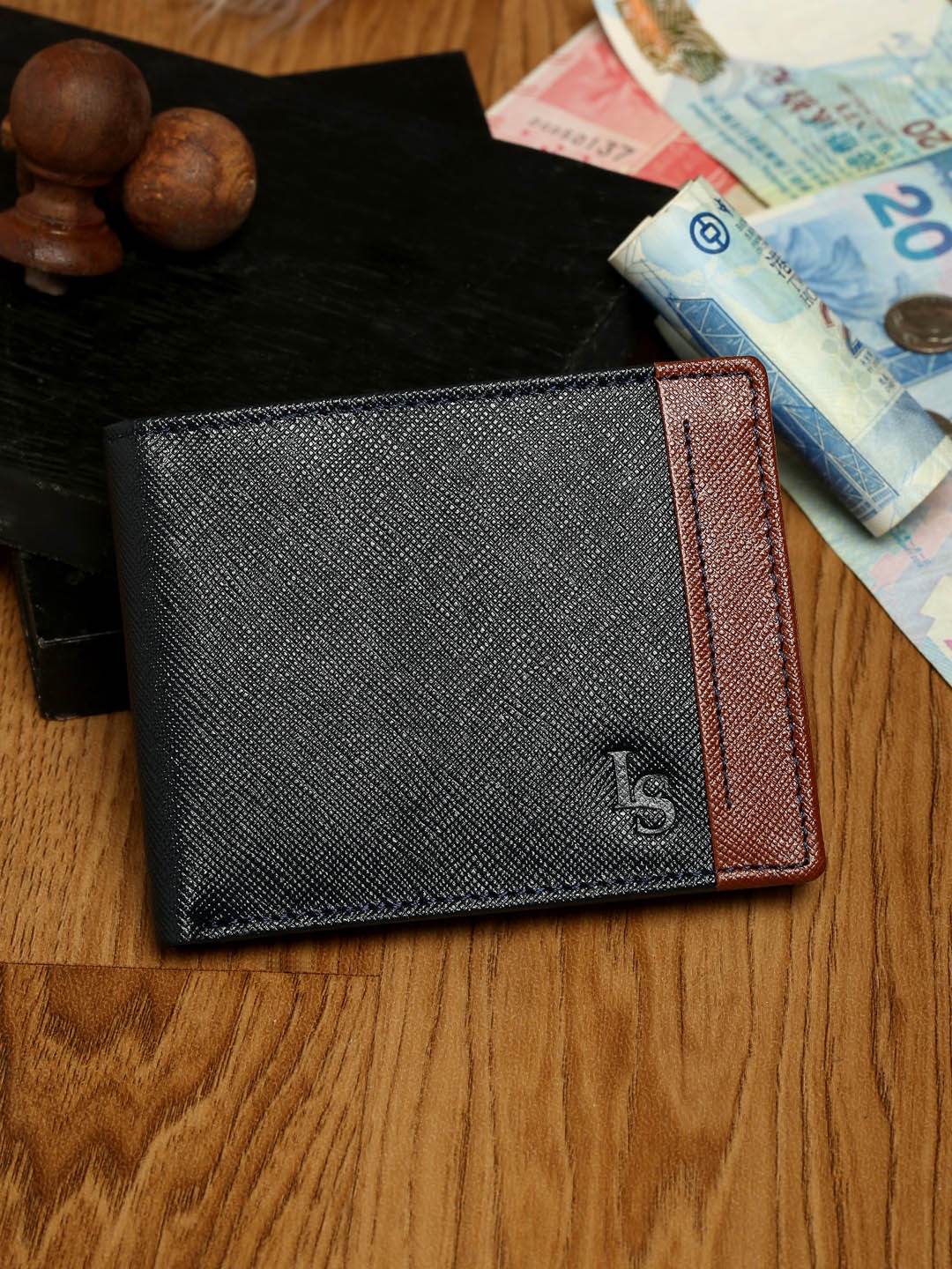 

LOUIS STITCH Blue Saffiano Leather Two Fold Slim Wallet Purse for Men, Navy blue