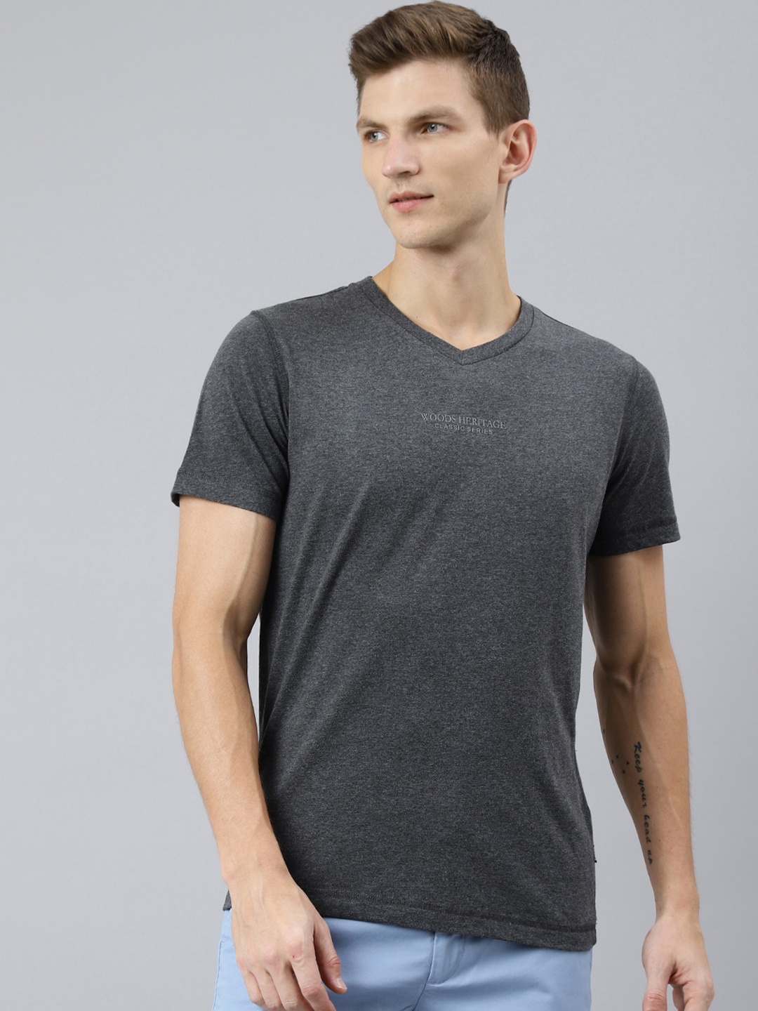 

Woods Men Grey V-Neck Raw Edge T-shirt