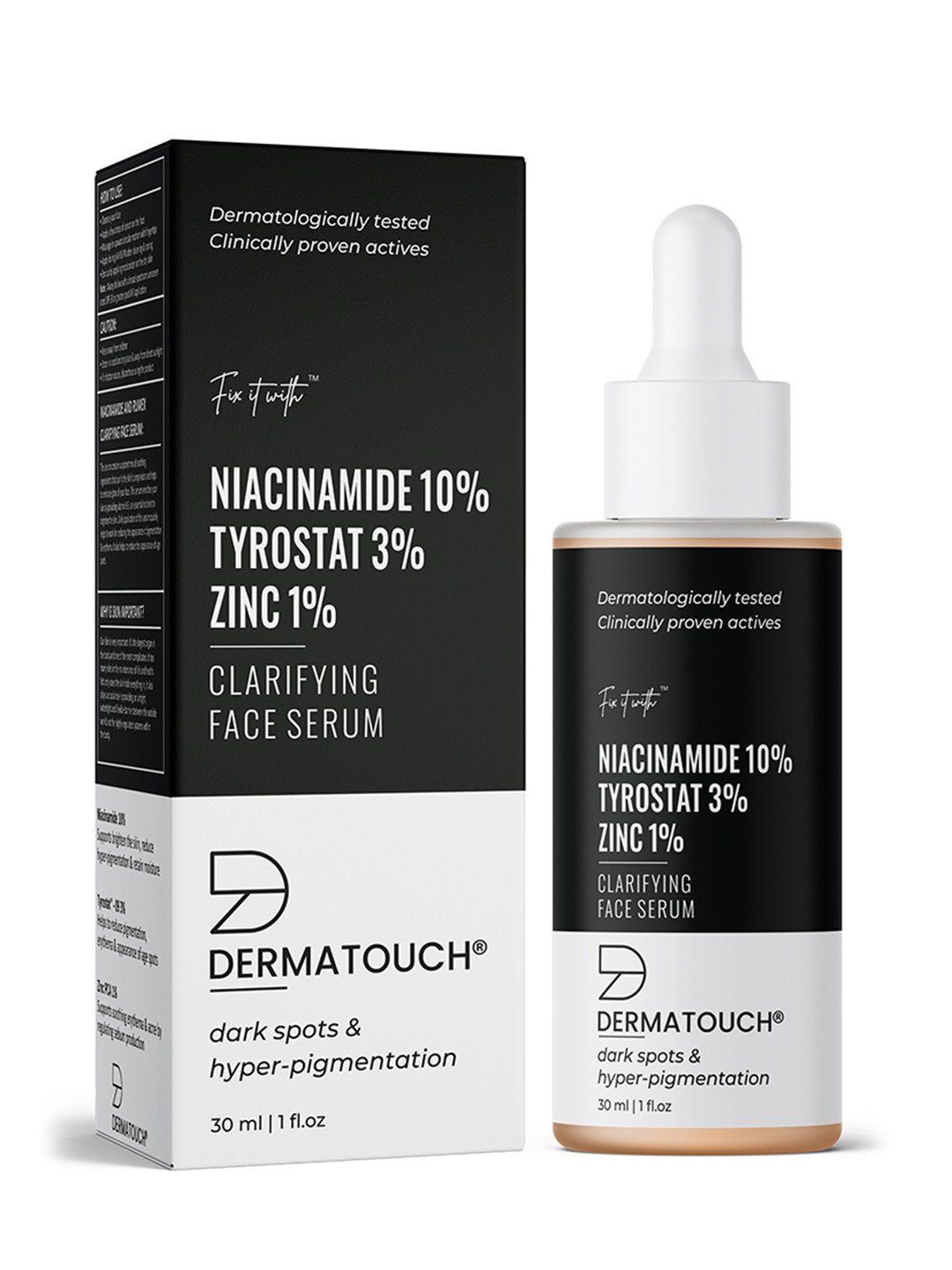 

Dermatouch 10% Niacinamide + 3% Tyrostat + 1% Zinc Clarifying Serum - 30ml, Black