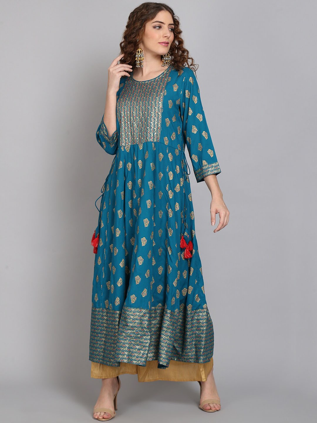 

SOUNDARYA Women Blue Ethnic Motifs Printed Flared Sleeves Anarkali Kurta