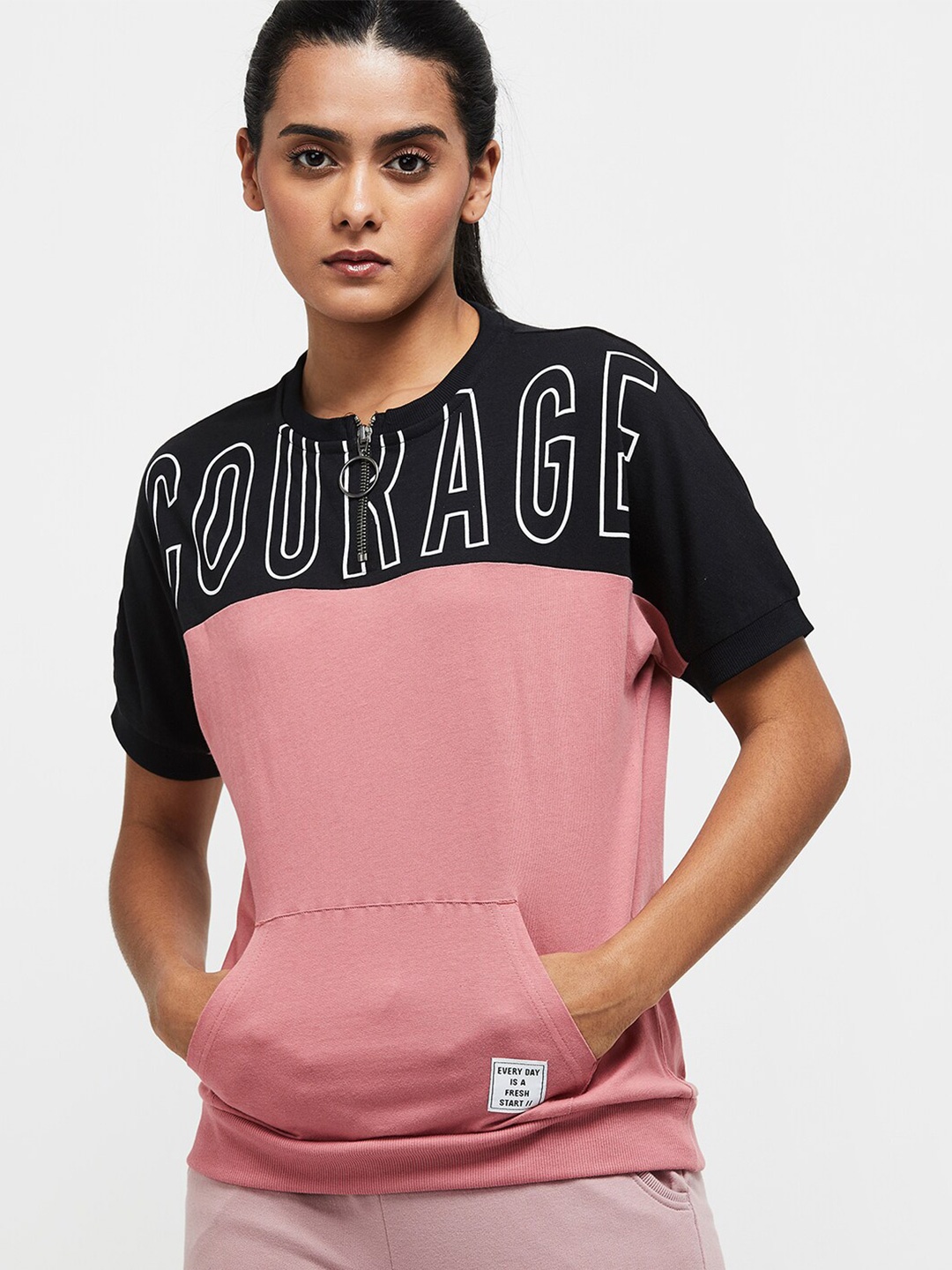 

max Women Peach-Coloured Typography Applique T-shirt