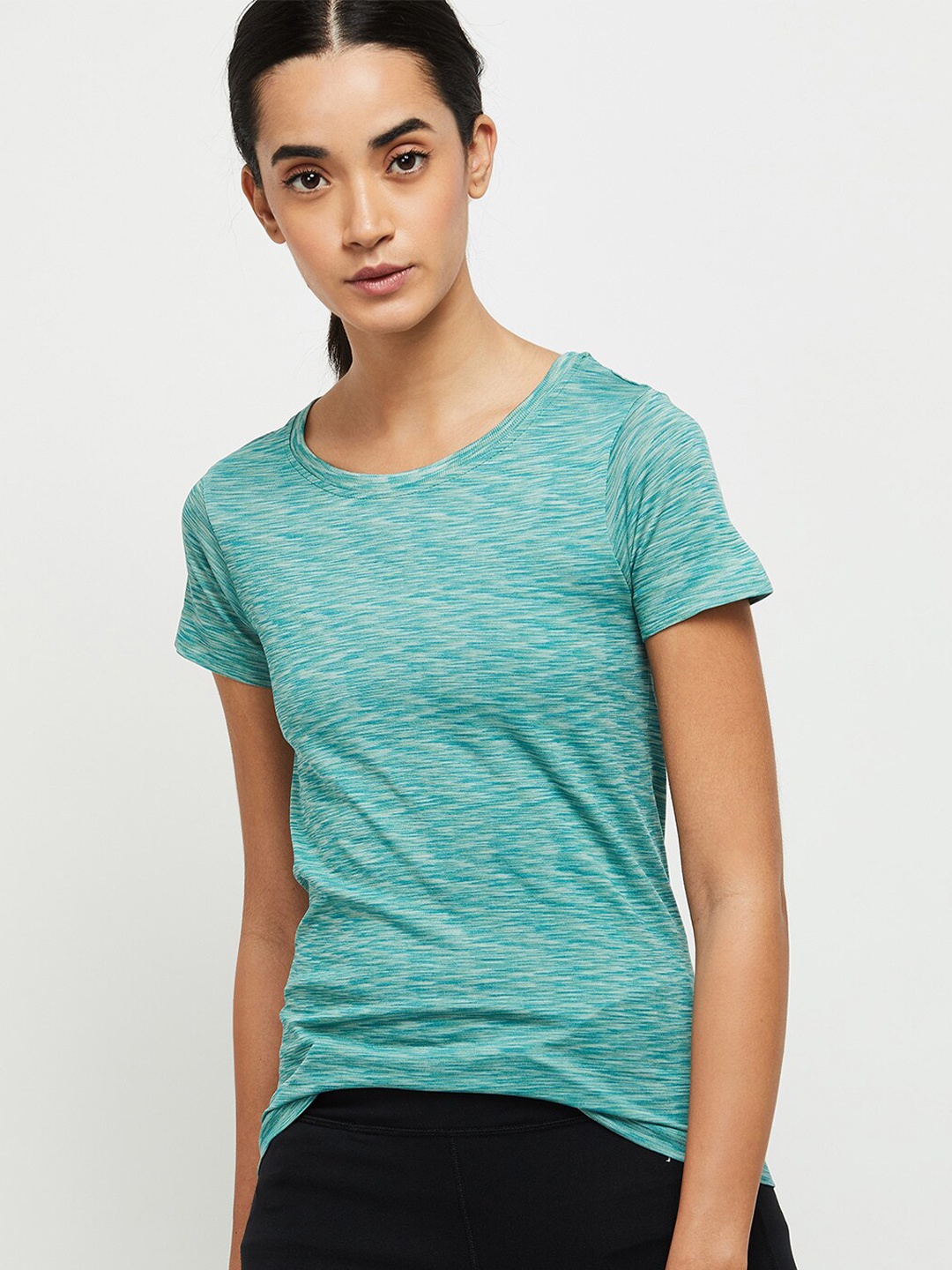

max Women Green Striped V-Neck Raw Edge T-shirt