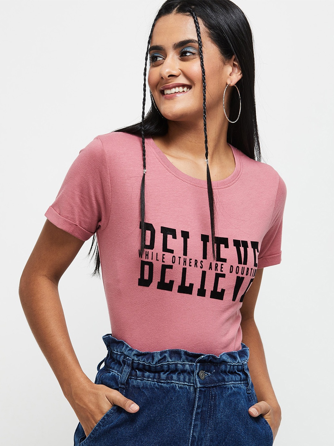 

max Women Pink Typography Printed T-shirt