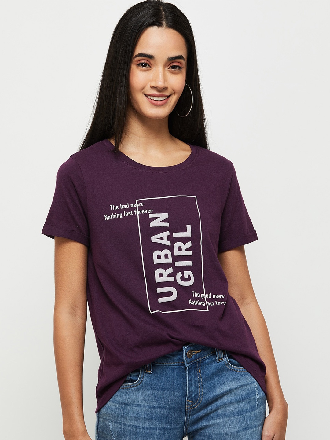 

max Women Purple Typography Printed T-shirt