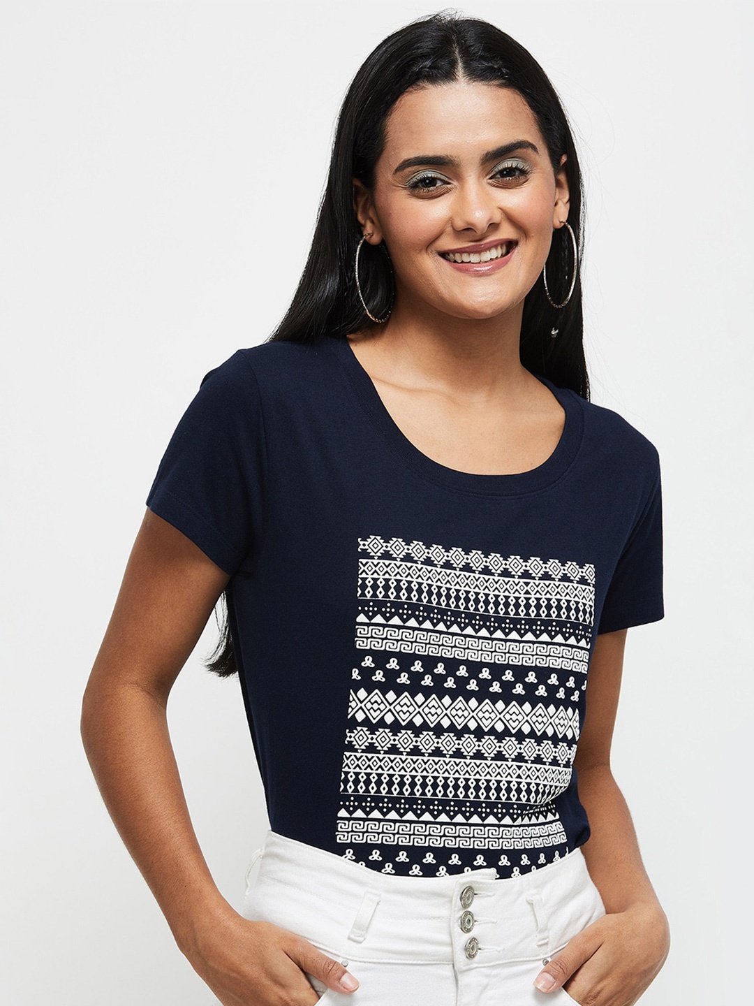 

max Women Navy Blue Typography Printed T-shirt