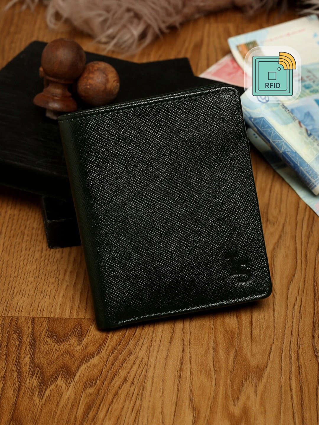 

Louis Stitch Mens Green Bifold Saffiano Leather RFID Protected Wallet Purse