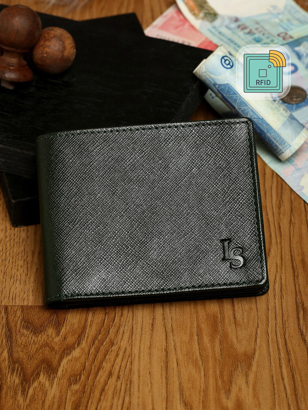 

LOUIS STITCH Men Saffiano Leather Green Bifold Slim Wallet with RFID Protection