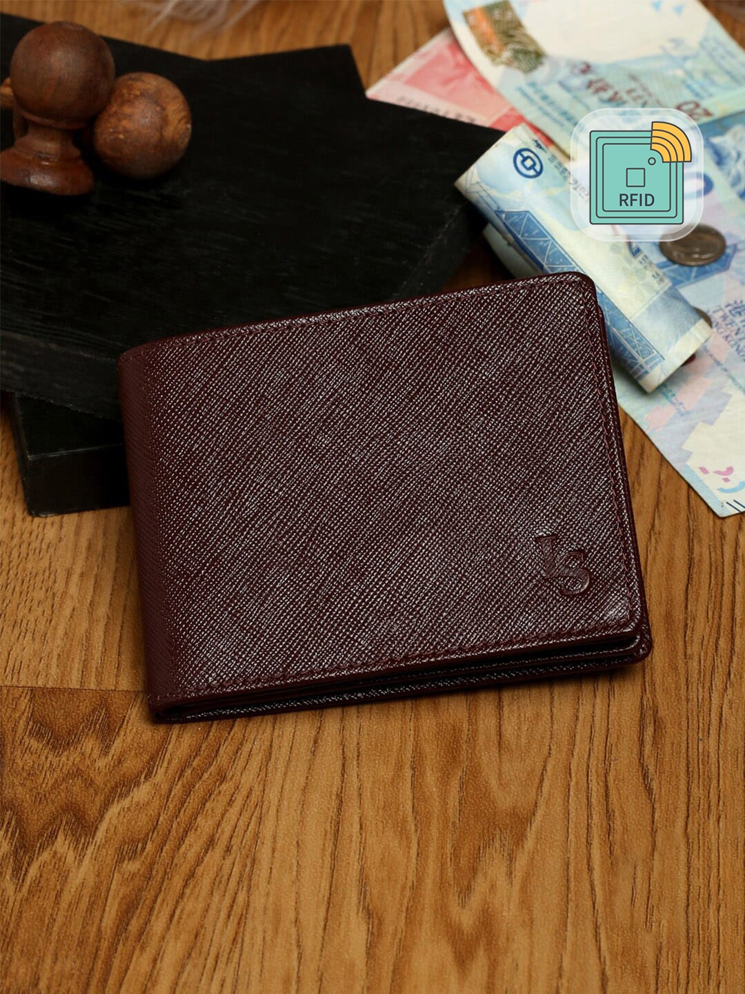 LOUIS STITCH Men Saffiano Leather Maroon Bifold Slim Wallet with RFID Protection, Red