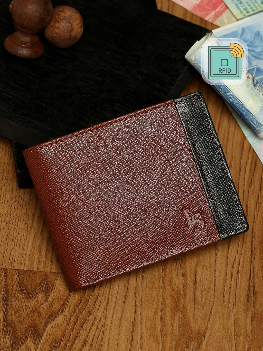 

Louis Stitch Tan Saffiano Leather Two Fold Slim Wallet Purse for Men, Brown